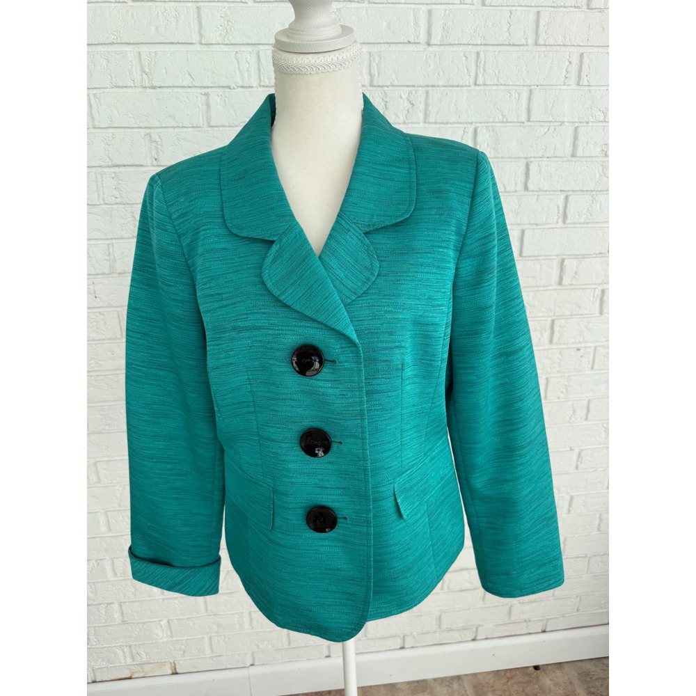 Kasper Blazer Women 12P Teal Green Excellent Textured 3-Button Petite Jacket